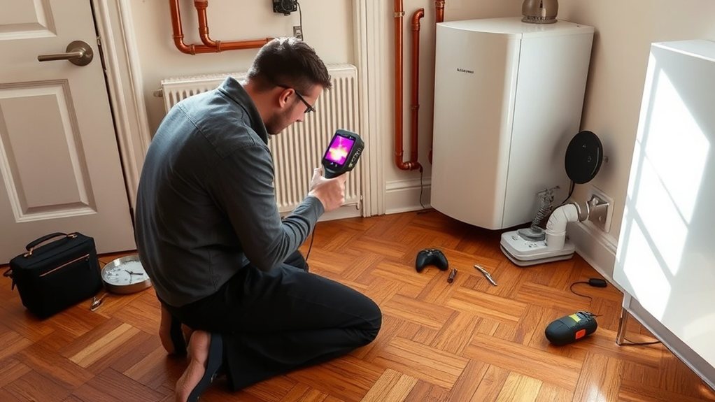 Engineer locating central heating leak using thermal imaging in Epsom
